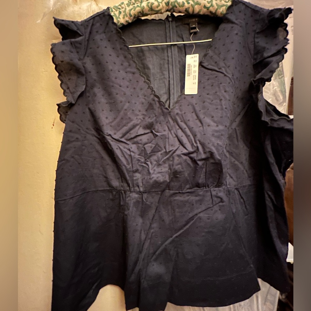 NWT J.Crew Top Navy Cotton Dotted Swiss cotton-lined  sz 20 short Sleeve zip